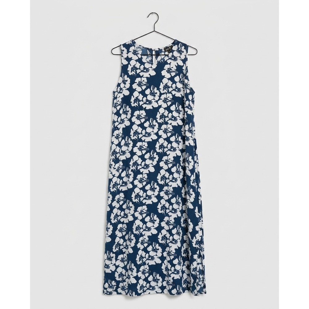 Java Lava Womens Blue White Hibiscus Floral Sleeveless Maxi Dress Large Hawaiian